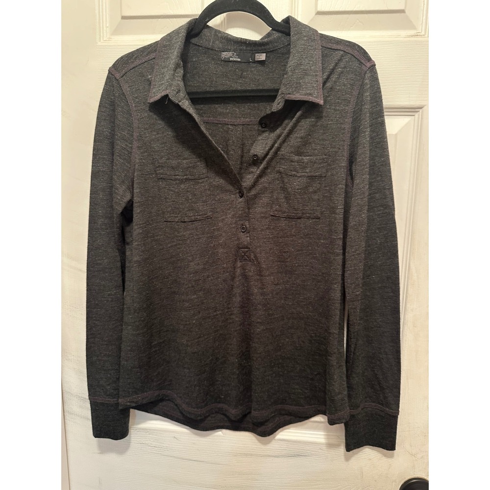 Prana Besha Top Womens Large Charcoal Grey Wool Blend Button Up Long Sleeve